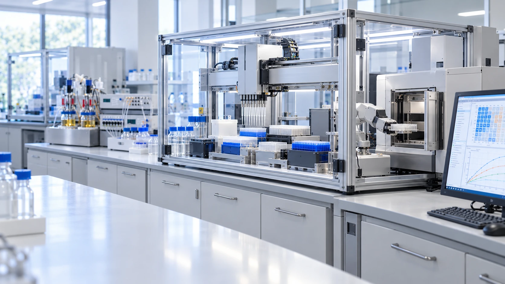 AI-generated conceptual scene of automated liquid handling and plate transfer for media and process optimization