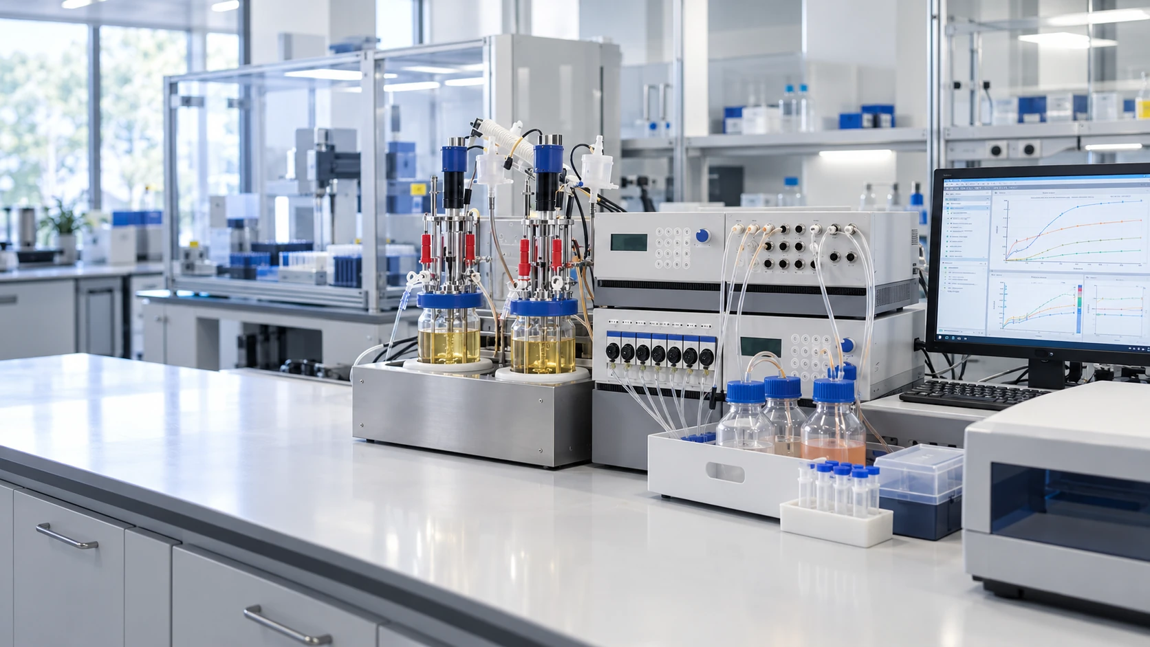 AI-generated conceptual scene of a cell-culture system with connected controllers, pumps, media bottles and PAT instruments