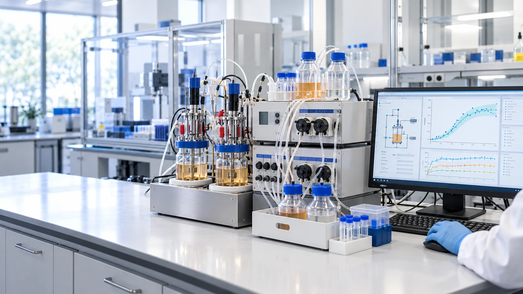 AI-generated conceptual scene of a bioprocess digital twin comparing measurements with model predictions